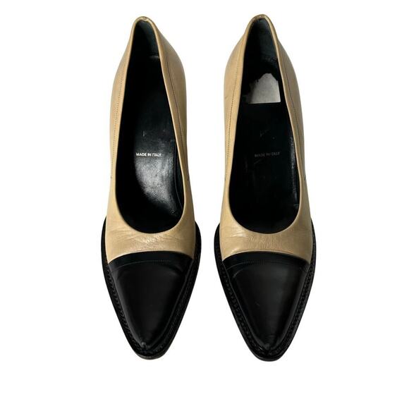 Prada Pointed Cap Toe Leather Pumps Beige / Black Size 6.5 - Picture 2 of 6